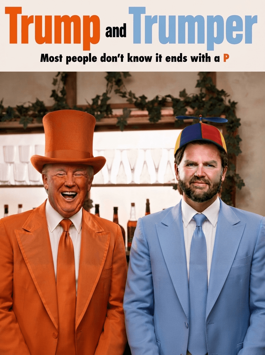 Two men in orange and blue suits at a bar. The one on the left wears an orange top hat and laughs; the one on the right wears a propeller beanie.